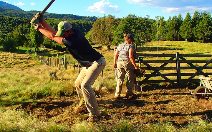 A person swings a garden tool while working during a service project with outward bound. 